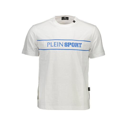Plein Sport White Cotton Men T-Shirt with bold logo and contrasting details, perfect for modern fashion statements.