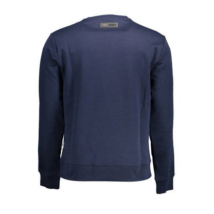 Back view of Plein Sport Blue Cotton Men Sweater with contrasting details and crewneck design.