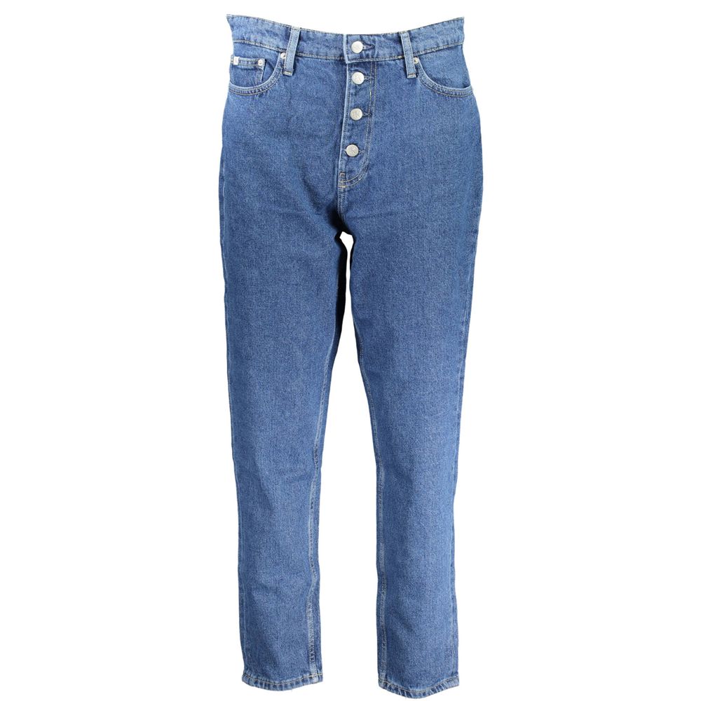 Calvin Klein Blue Cotton Women Jeans featuring '90s style, five pockets, and button details in rich blue cotton denim.