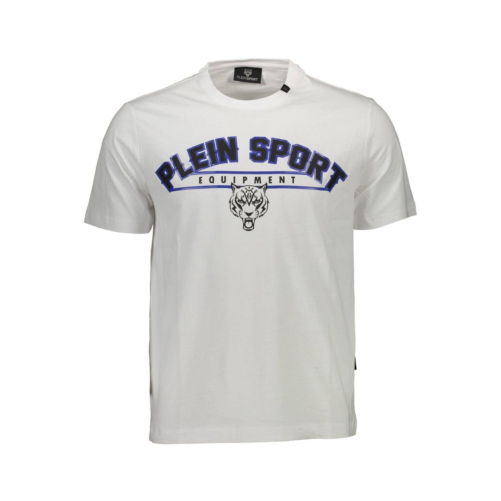 Plein Sport White Cotton Men T-Shirt with bold logo and contrasting details, premium short sleeve crew neck tee for standout style