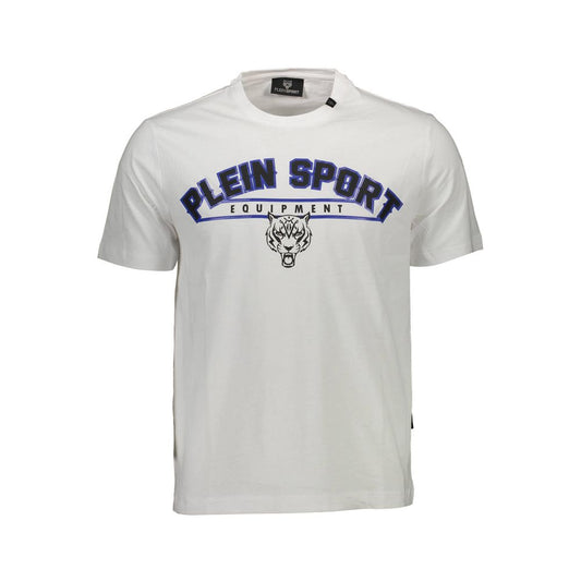 Plein Sport White Cotton Men T-Shirt with bold logo design, crew neck, contrasting details, short sleeves, premium quality