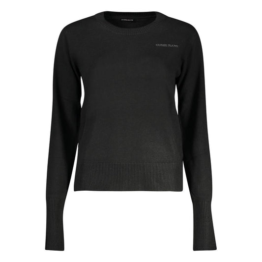 Guess Jeans black polyester sweater with long sleeves, crew neck, and embroidered logo.