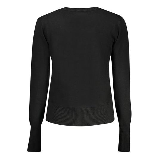 Back view of Guess Jeans black polyester sweater, long-sleeved, crew neck, with embroidery and logo details.