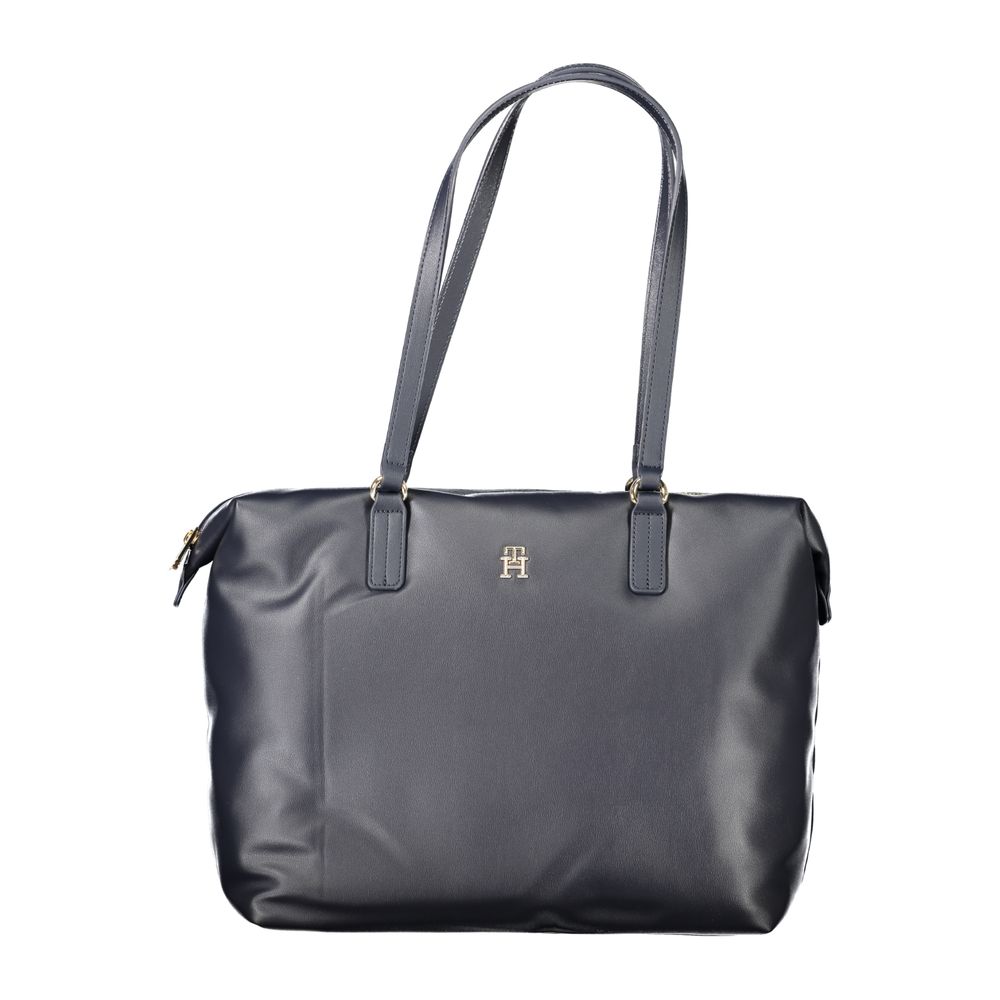 Tommy Hilfiger Blue Polyester Women Handbag with twin handles and iconic logo for style and eco-friendly functionality.