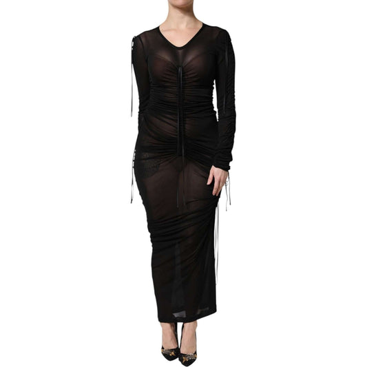 Dolce & Gabbana black mesh trim bodycon dress with long sleeves and sheath design, featuring tulle and viscose silk material.