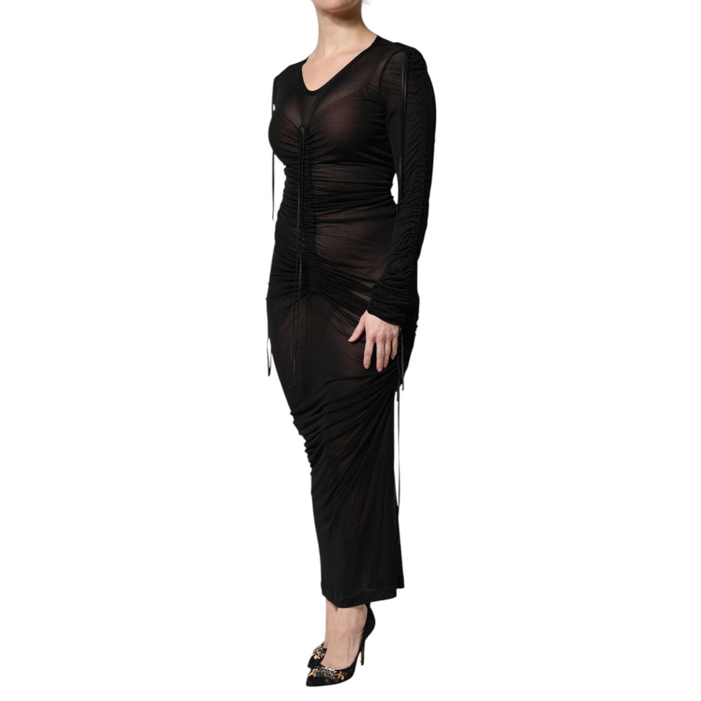 Dolce & Gabbana Black Mesh Trim Bodycon Long Sheath Dress