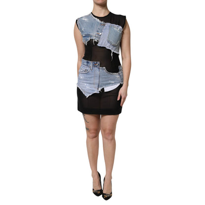 Dolce & Gabbana Black Blue Sleeveless Denim Mini Dress