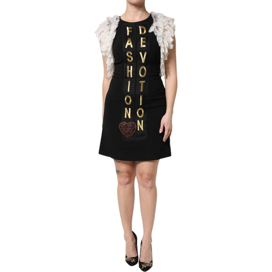 Dolce & Gabbana Black Fashion Devotion Mini Dress with Embellishments and Feather Sleeves, Model Displaying Luxury Sheath Dress