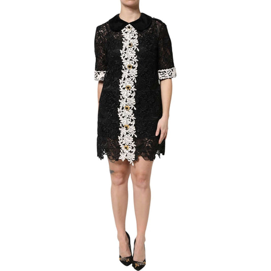 Dolce & Gabbana black floral lace embellished mini dress for women, featuring intricate detailing and high craftsmanship.