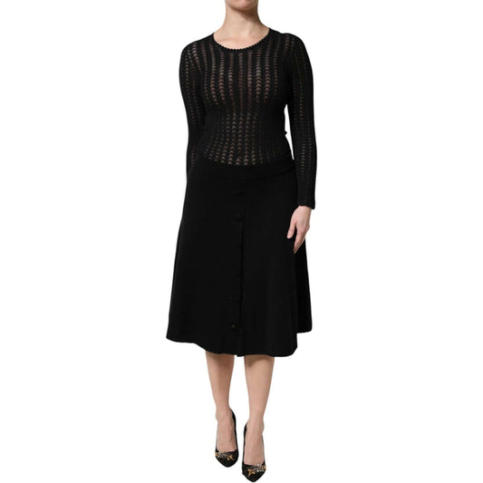 Dolce & Gabbana black cashmere long sleeves A-line midi dress showcasing elegant design and high craftsmanship.