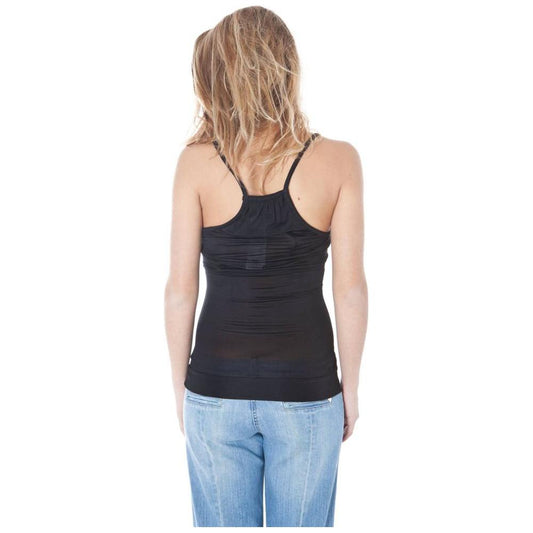 Back view of woman wearing Datch black viscose narrow shoulder tank and round neck top with logo detail, paired with jeans.