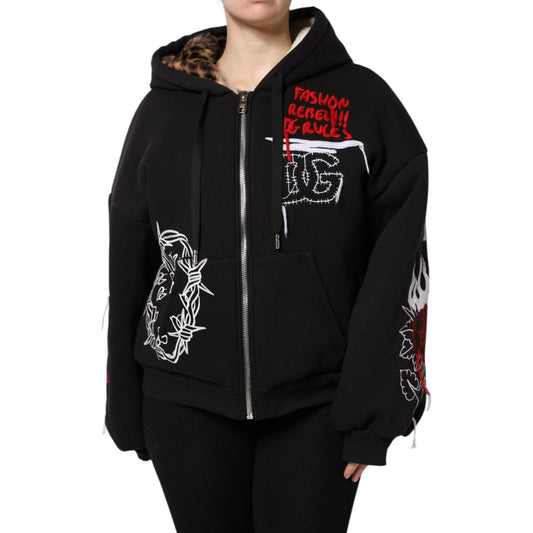 Dolce & Gabbana Black Embroidered Full Zip Hooded Jacket