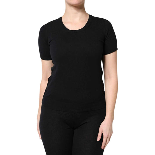 Dolce & Gabbana black cotton round neck short sleeve t-shirt, featuring logo details, made in Italy.