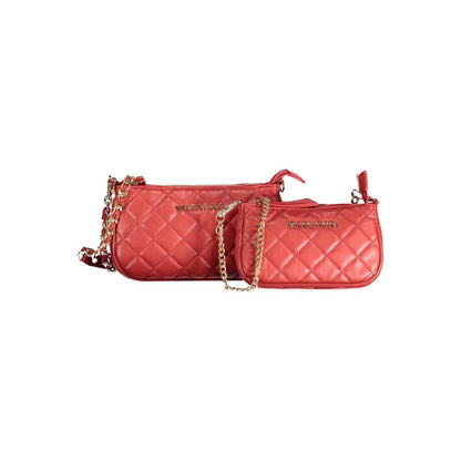 Mario Valentino Red Polyethylene Handbag with quilted pattern, removable chain strap, internal pockets, and logo detailing.