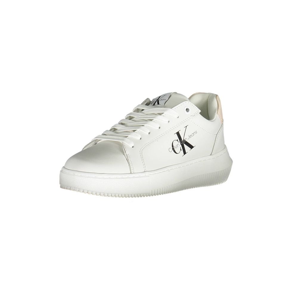 Calvin Klein White Polyester Women Sneaker with logo, eco-friendly shoes made from recycled materials for stylish comfort and durability.