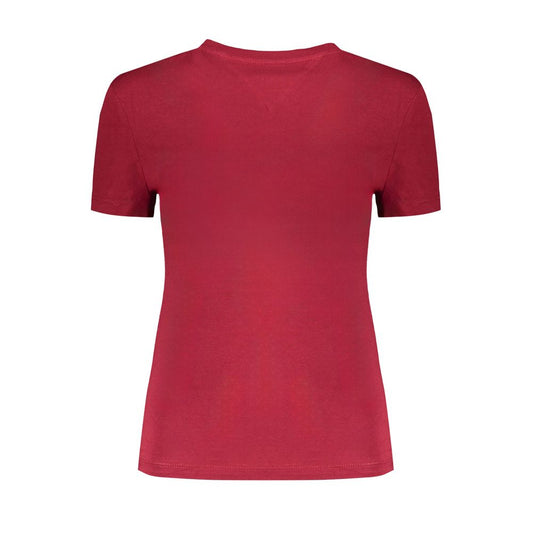 Back view of a Tommy Hilfiger red cotton short-sleeved T-shirt with crew neck and logo print.