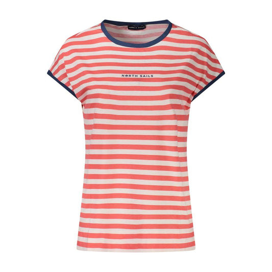 North Sails red striped sleeveless T-shirt with crew neck, contrasting blue details, and embossed logo print.