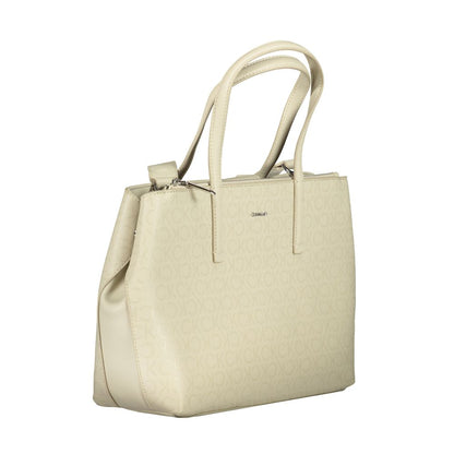 Calvin Klein Beige Polyester Handbag with adjustable strap, external pocket, and logo design.