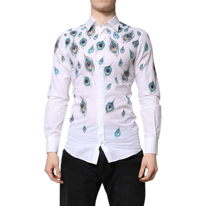 Dolce & Gabbana White Cotton Feather Print GOLD Dress Shirt