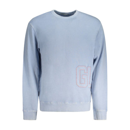 Guess Jeans Blue Cotton Men Sweater with washed effect and embroidered logo, showcasing contemporary fashion style.
