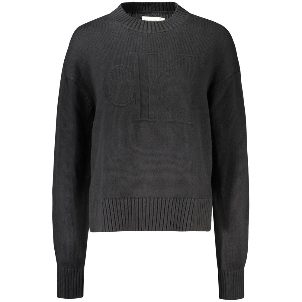 Calvin Klein Black Cotton Women Sweater with elegant embroidery logo, long sleeves, high neck, premium blend of cotton and wool.