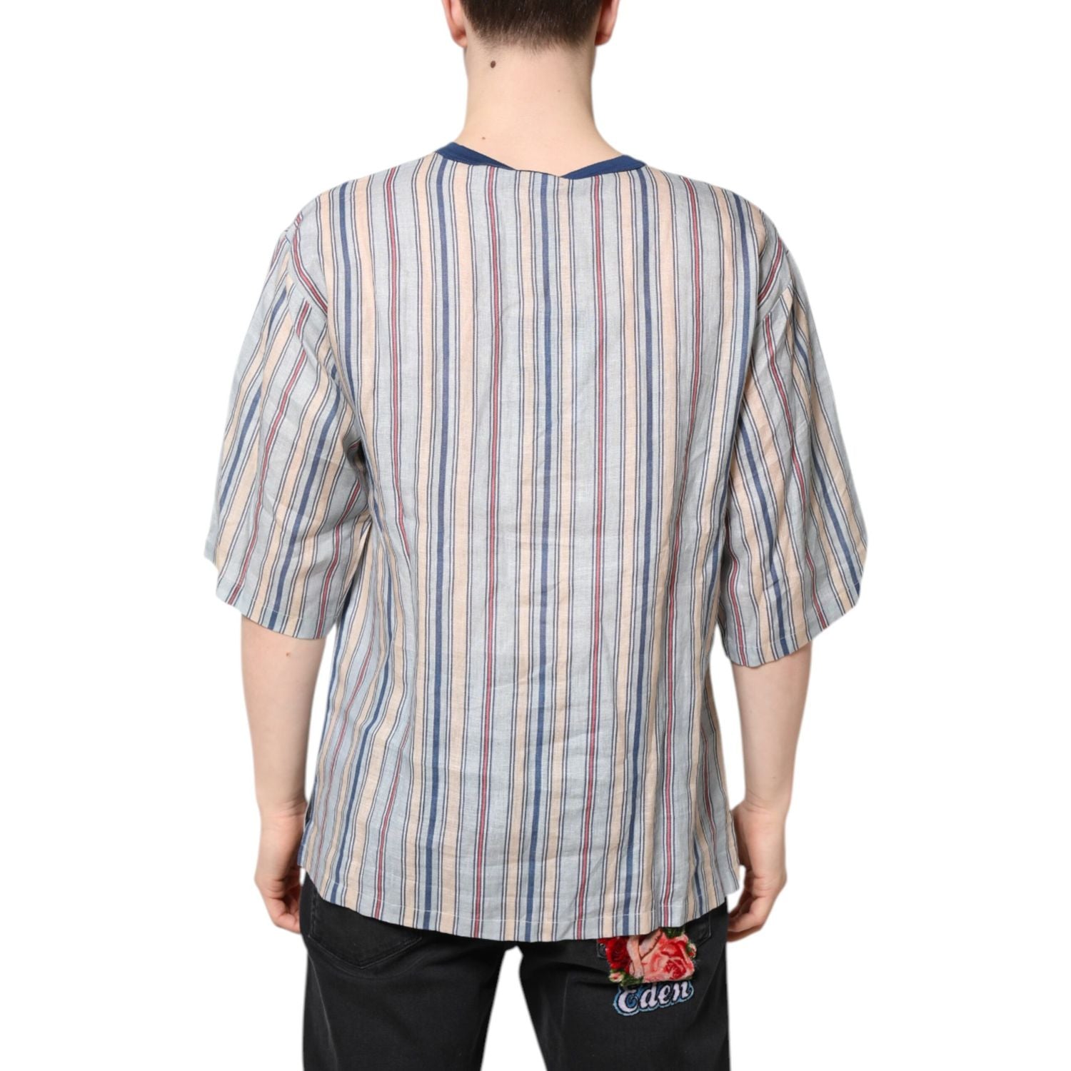 Dolce & Gabbana Multicolor Striped Pin Up Linen Round Neck T-shirt