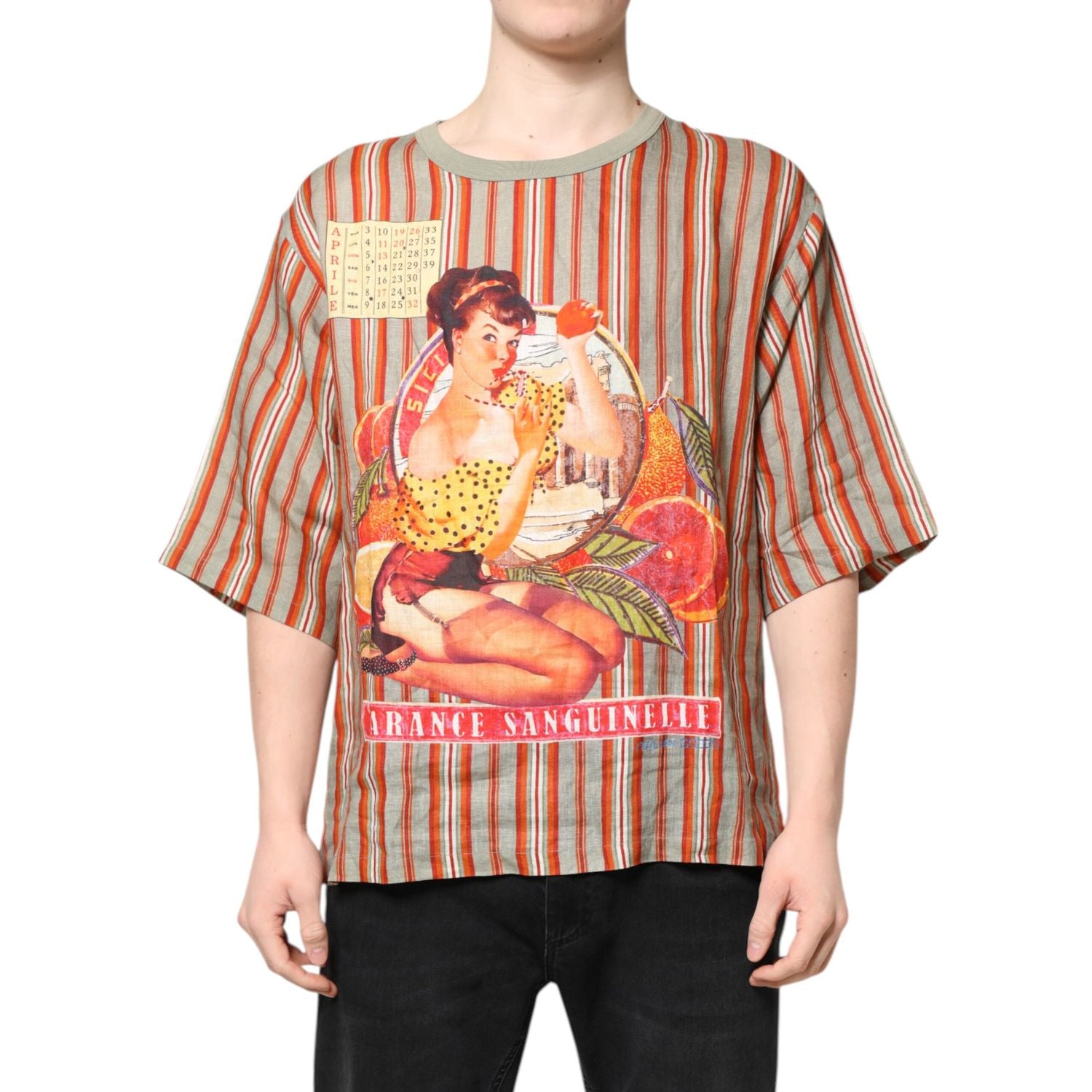 Dolce & Gabbana Multicolor Striped Graphic Linen Round Neck T-shirt