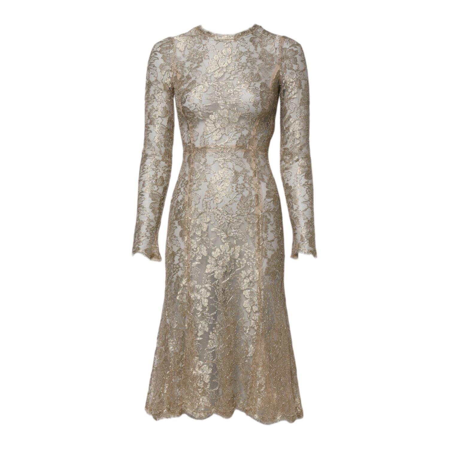 Dolce & Gabbana Gold Floral Lace Long Sleeves Fit & Flare Dress