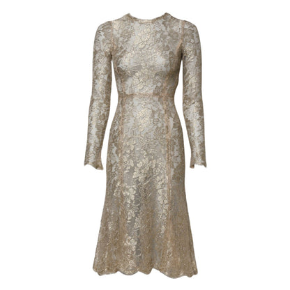 Dolce & Gabbana Gold Floral Lace Long Sleeves Fit & Flare Dress