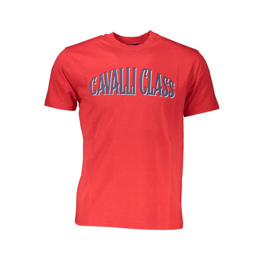 Cavalli Class Red Cotton Men T-Shirt with logo print, casual luxury short sleeve crew neck tee, crafted from premium cotton.