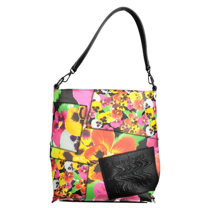 Desigual Black Polyethylene Women Handbag with floral design and adjustable strap.