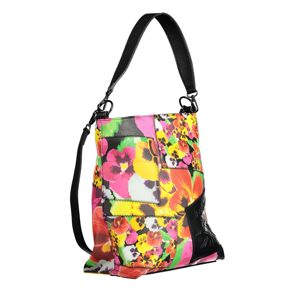 Desigual Black Polyethylene Women Handbag with vibrant floral design, removable shoulder handle, and adjustable strap for versatile style.