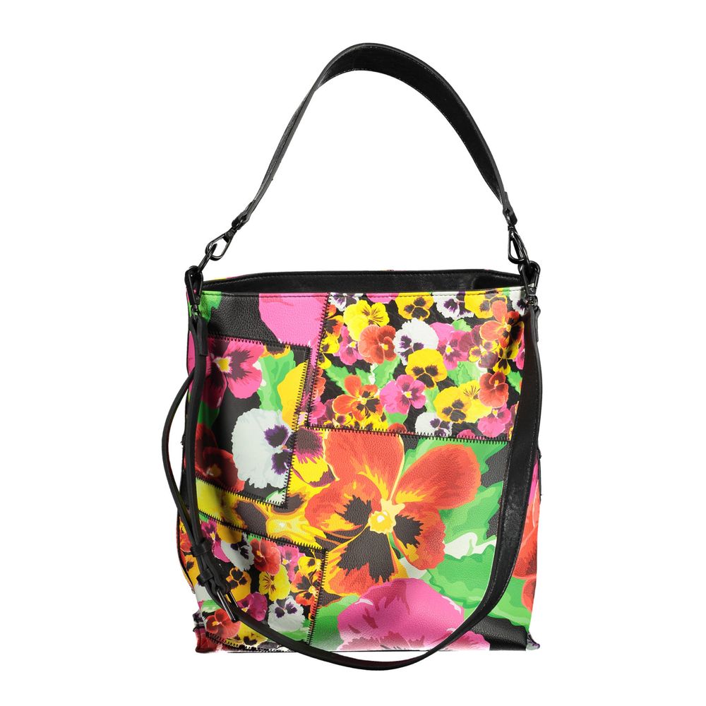Desigual Black Polyethylene Women Handbag with floral pattern, adjustable strap, and removable shoulder handle