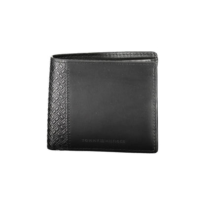 Tommy Hilfiger Black Leather Men Wallet with embossed design and logo, featuring multiple compartments and card slots for organization.