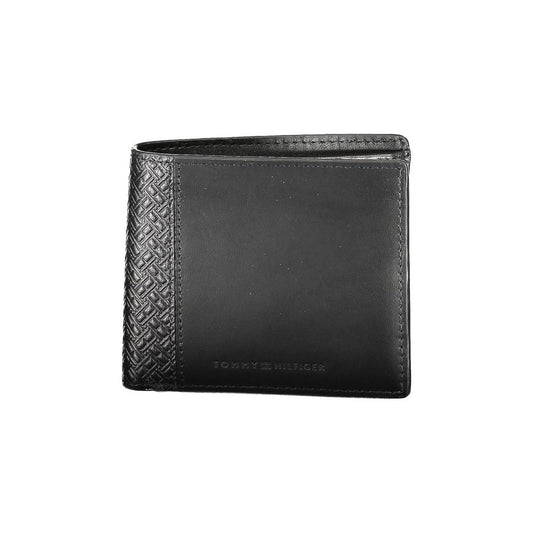 Tommy Hilfiger Black Leather Men Wallet with textured detail and logo, featuring spacious compartments and card slots for style and functionality.