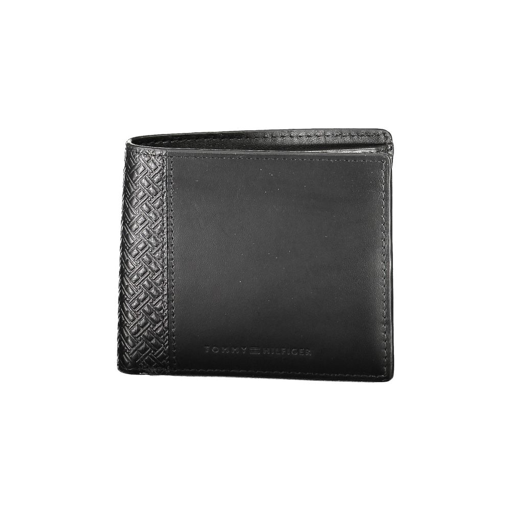 Tommy Hilfiger Black Leather Men Wallet with embossed design, featuring multiple card slots and iconic logo