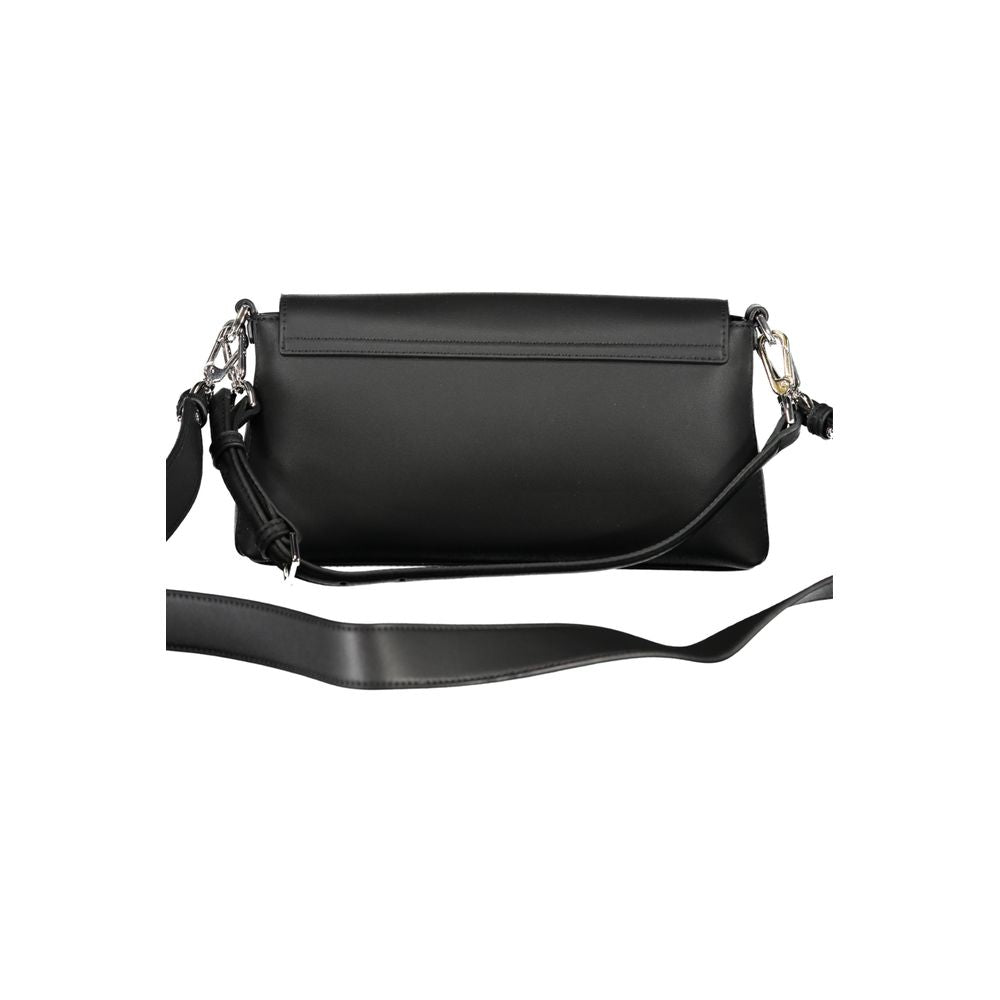 Calvin Klein Black Polyester Handbag with removable strap and logo, 2 internal card pockets, snap closure, 50% recycled polyester.