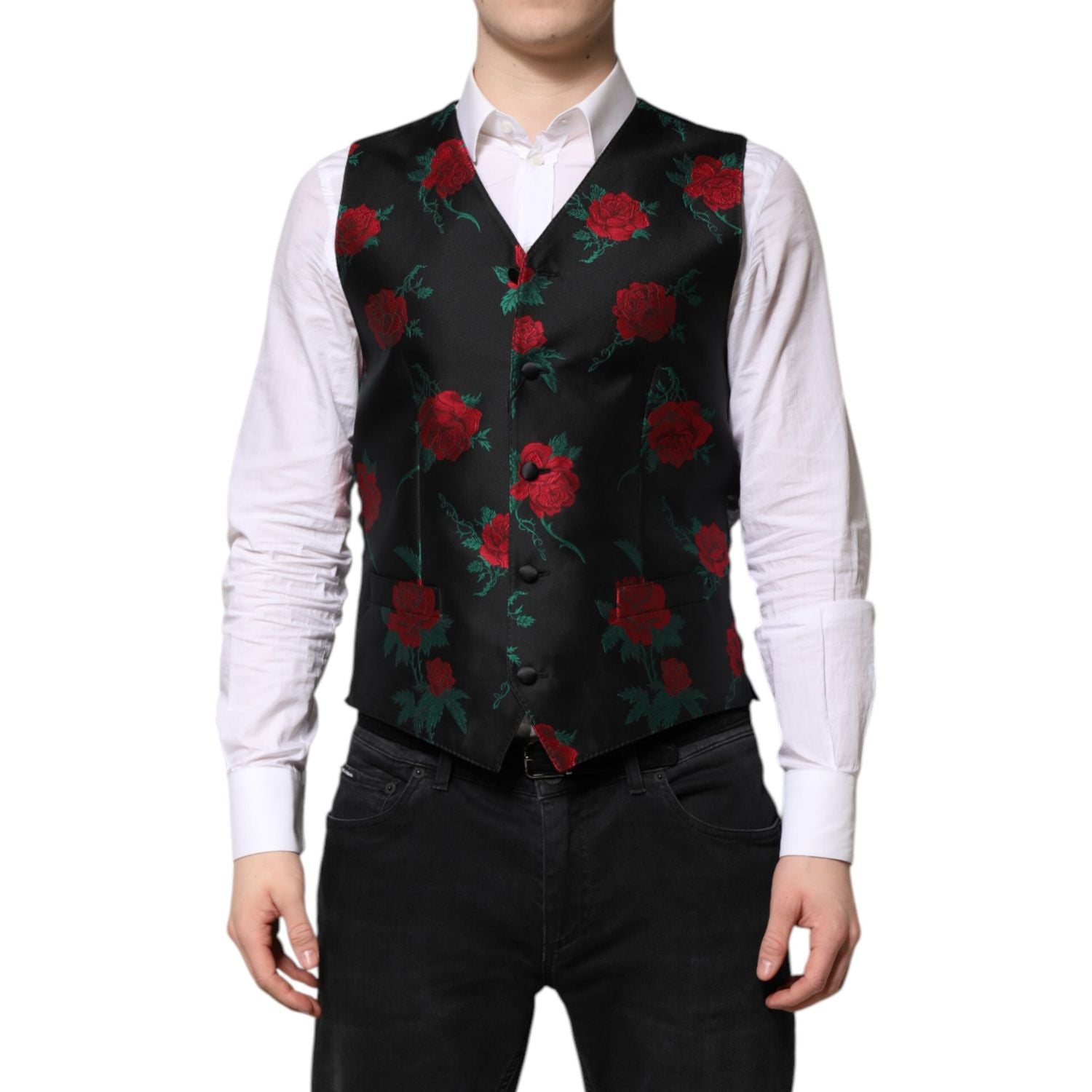 Dolce & Gabbana Red Floral Brocade Formal Men Waistcoat Vest
