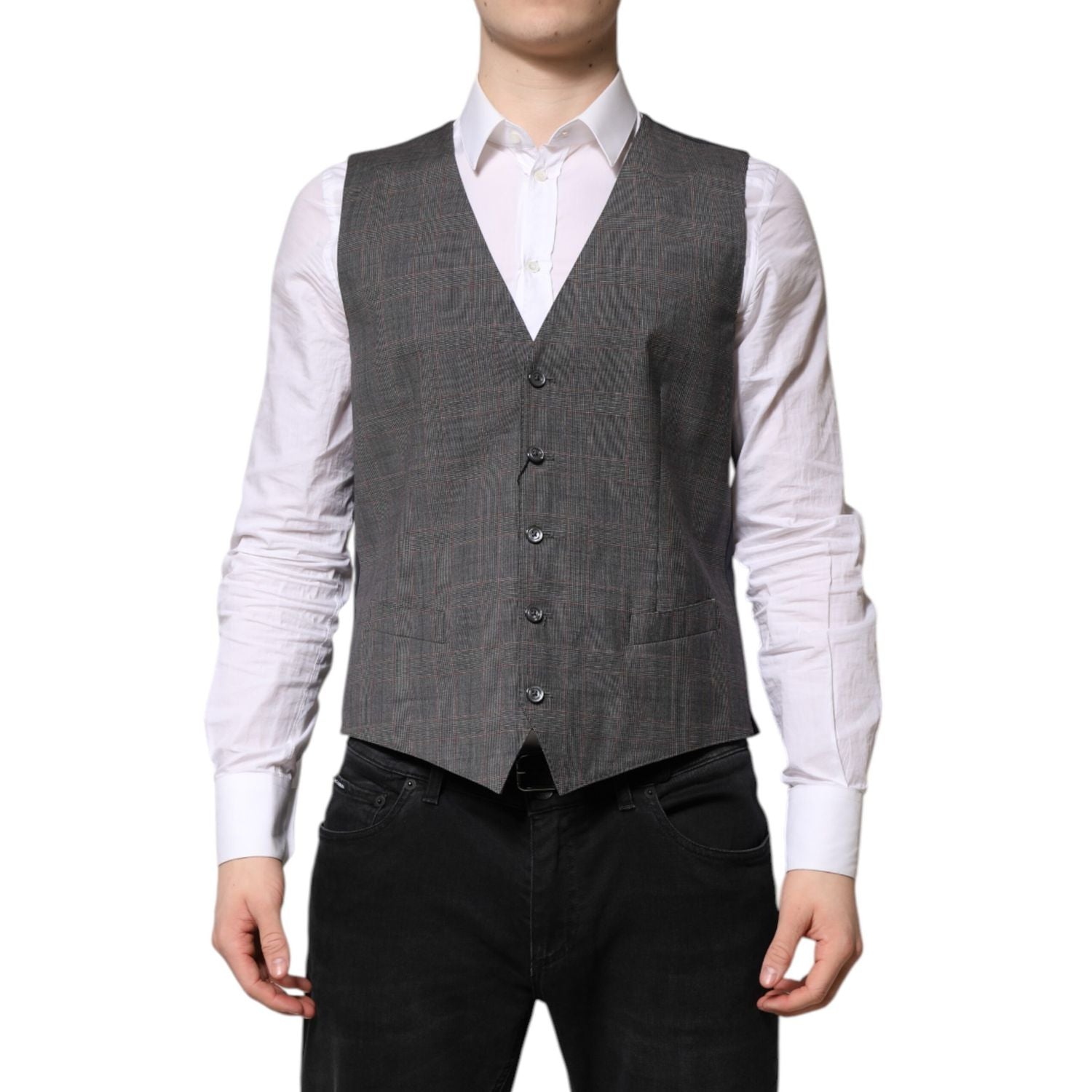 Dolce & Gabbana Gray Plaid Wool Formal Dress Waistcoat Vest