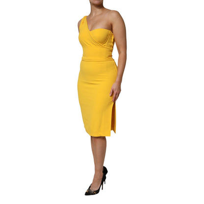 Dolce & Gabbana Yellow One Shoulder Side Slit Midi Dress