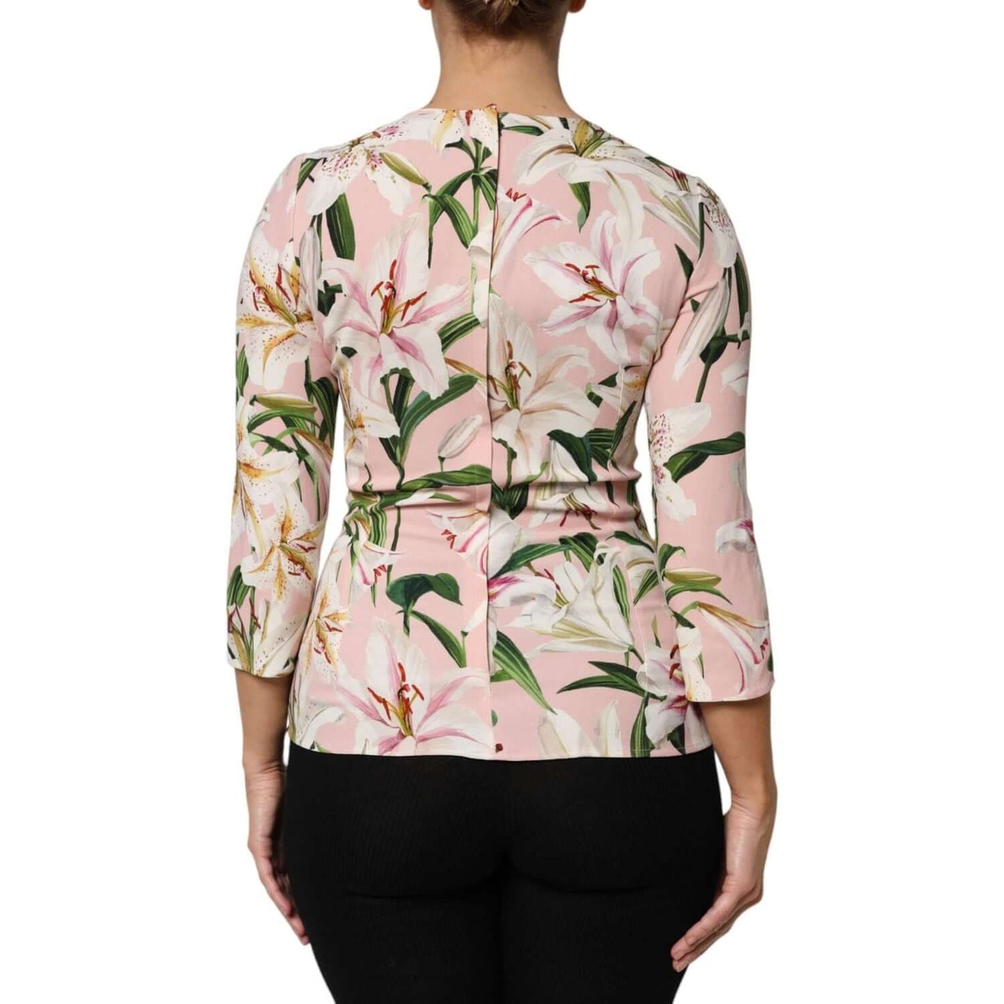 Dolce & Gabbana Pink Lily Print Viscose Round Neck Blouse Top TSH87611-42
