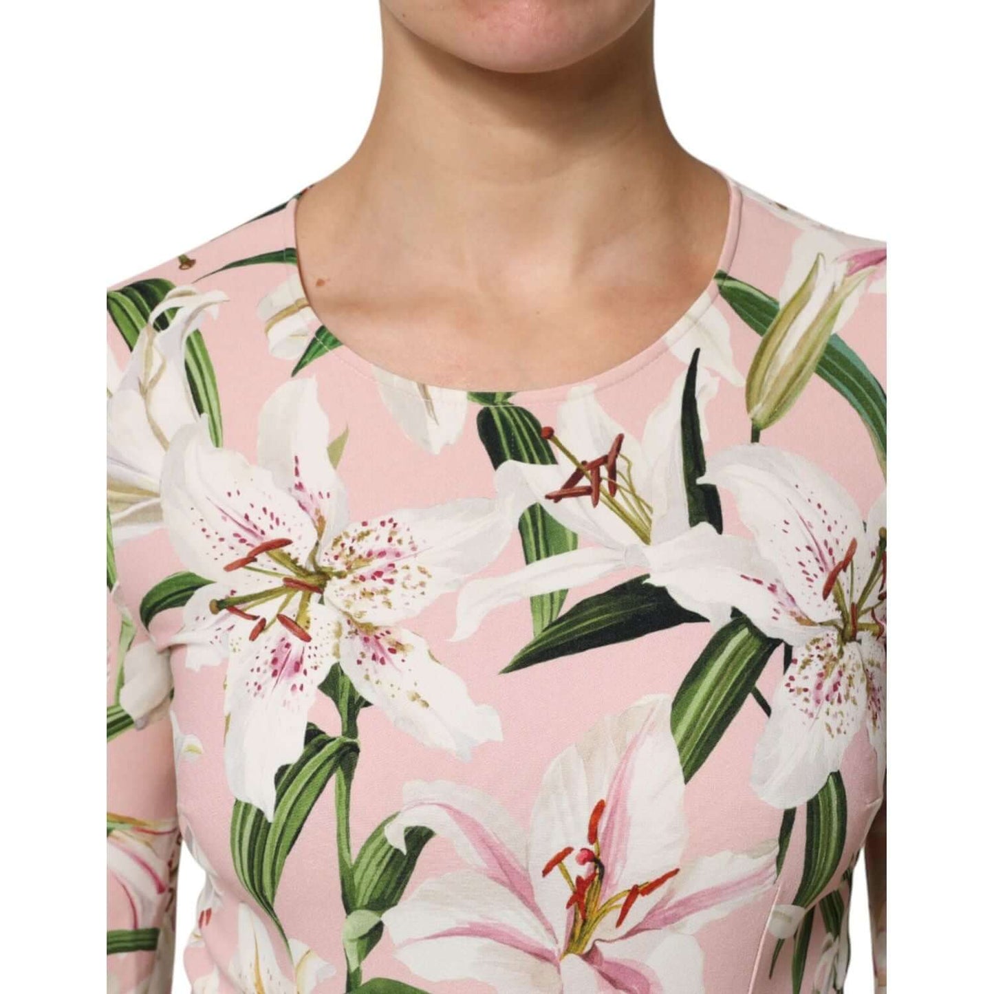 Dolce & Gabbana Pink Lily Print Viscose Round Neck Blouse Top TSH87611-42