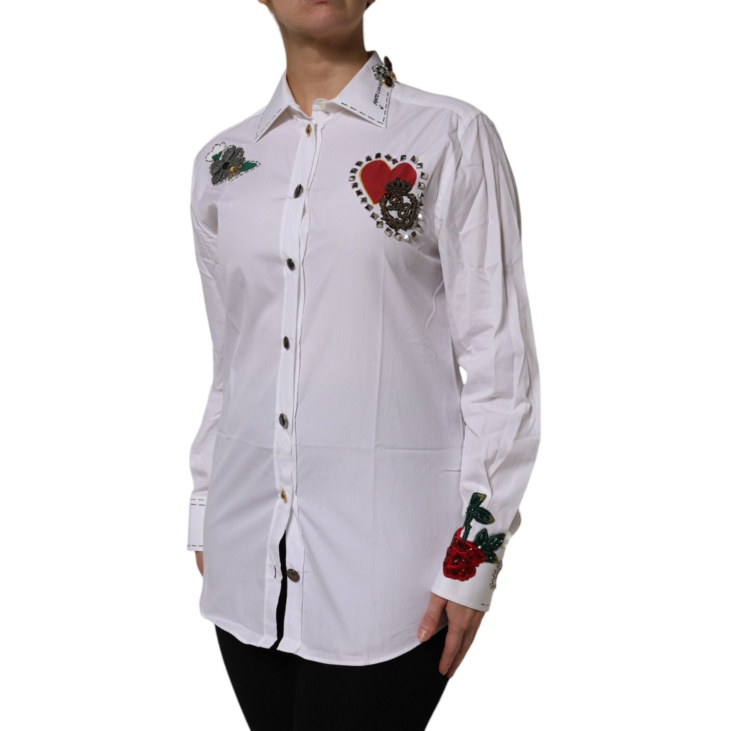 Dolce & Gabbana White Cotton Floral Embellished Shirt Top