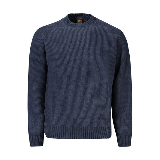 Hugo Boss Blue Cotton Men Sweater with chenille texture, showcasing luxury and comfort for stylish everyday or evening wear.