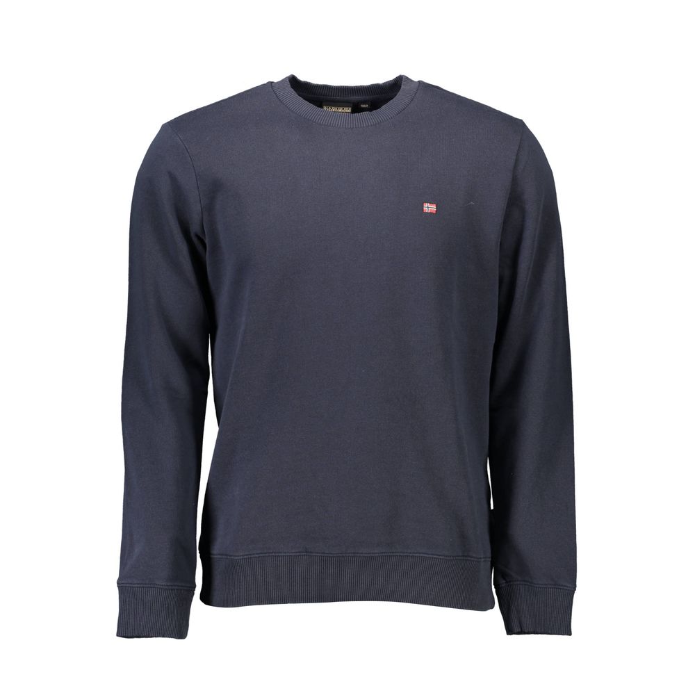 Napapijri Blue Cotton Men Sweater with long sleeves and iconic logo embroidery, made from 70% organic cotton, stylish and comfortable.