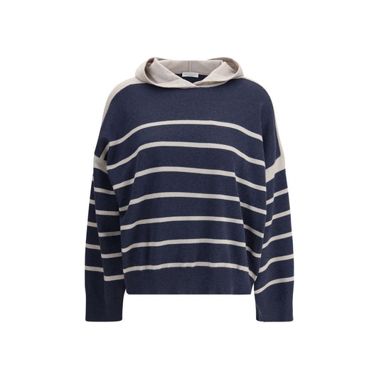 Brunello Cucinelli Hooded Sweater in striped cashmere with ribbed hems, offering luxury comfort and style for cooler days, made in Italy.