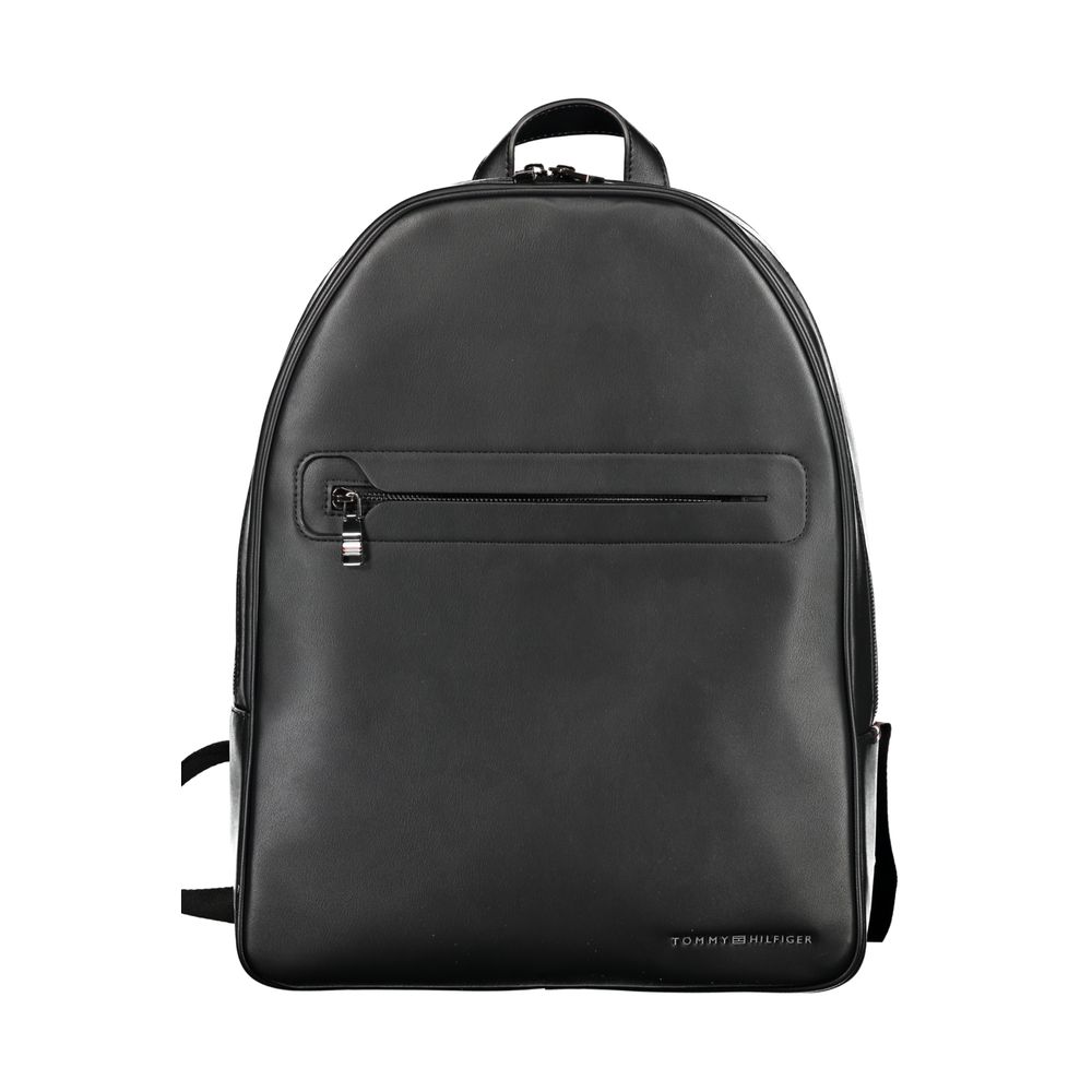 Tommy Hilfiger Black Polyester Backpack with zipper, external pocket, handle, adjustable straps, logo on front.
