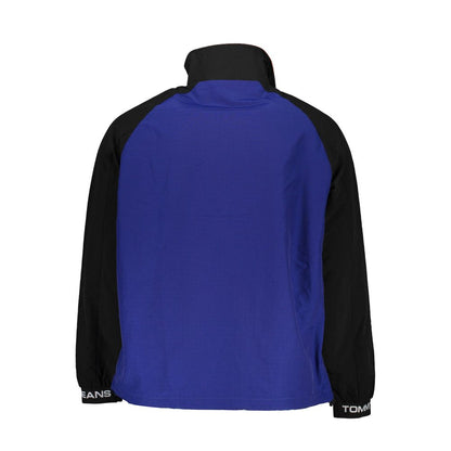 Back view of Tommy Hilfiger Blue Polyamide Men Jacket with black sleeves and iconic brand embroidery, showcasing sustainable style.