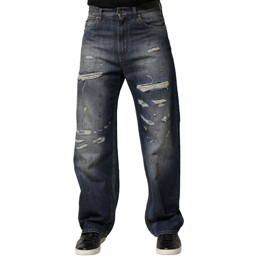 Dolce & Gabbana Blue Washed Tattered Cotton Men Jeans PAN76448-44
