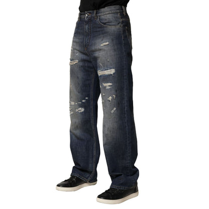Dolce & Gabbana Blue Washed Tattered Cotton Men Jeans